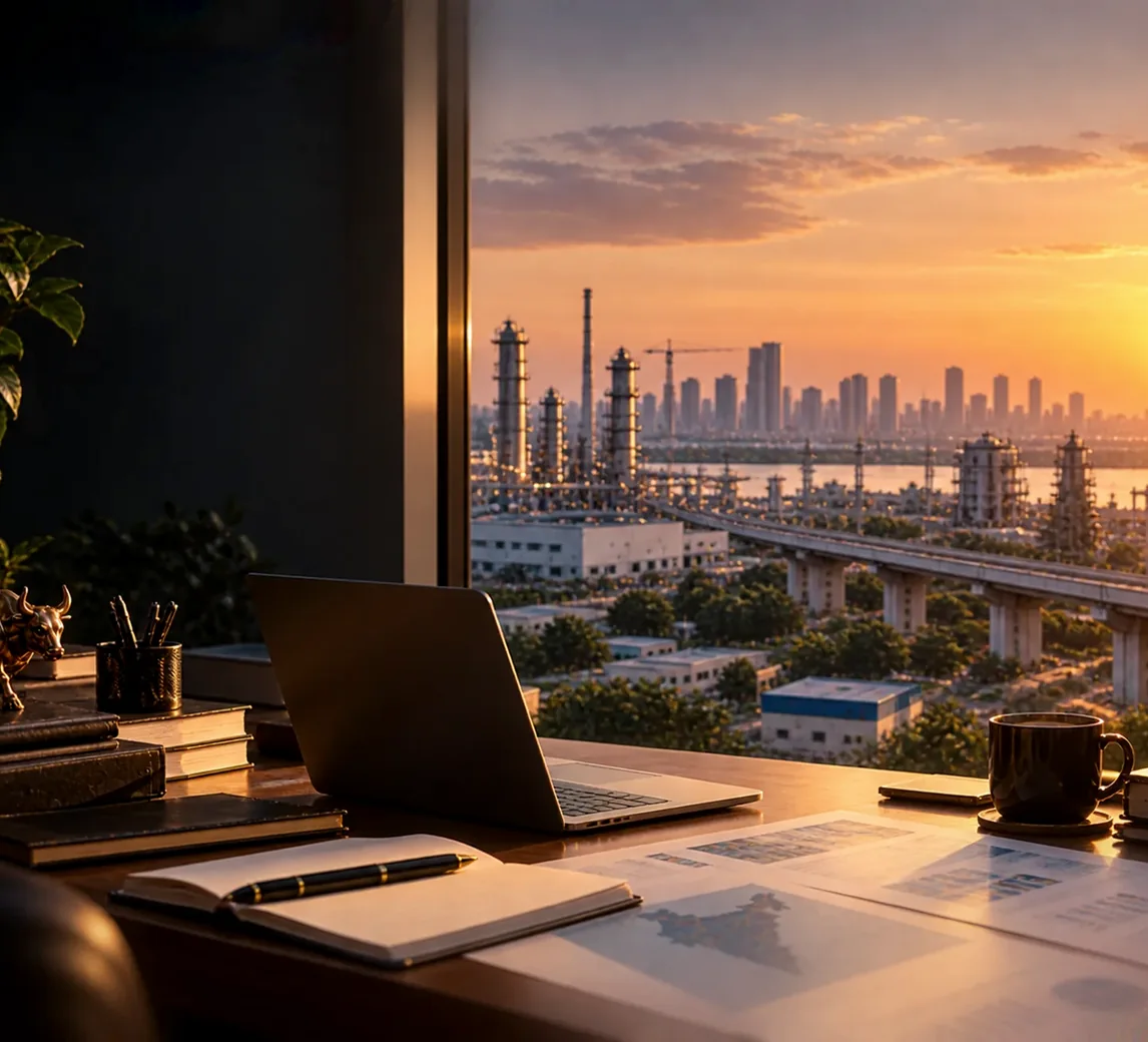 Research desk overlooking industrial expansion